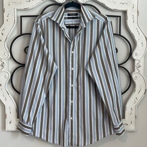 EUC MURANO 100% COTTON STRIPE BUTTON DOWN SHIRT BLUE/BROWN/WHITE SIZE MEDIUM